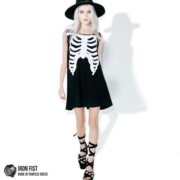 DOLLS KILL /IRON FIST BONE IN TRAPEZE TANK DRESS BLACK WHITE SKELETON BONES NWT - Picture 3 of 15